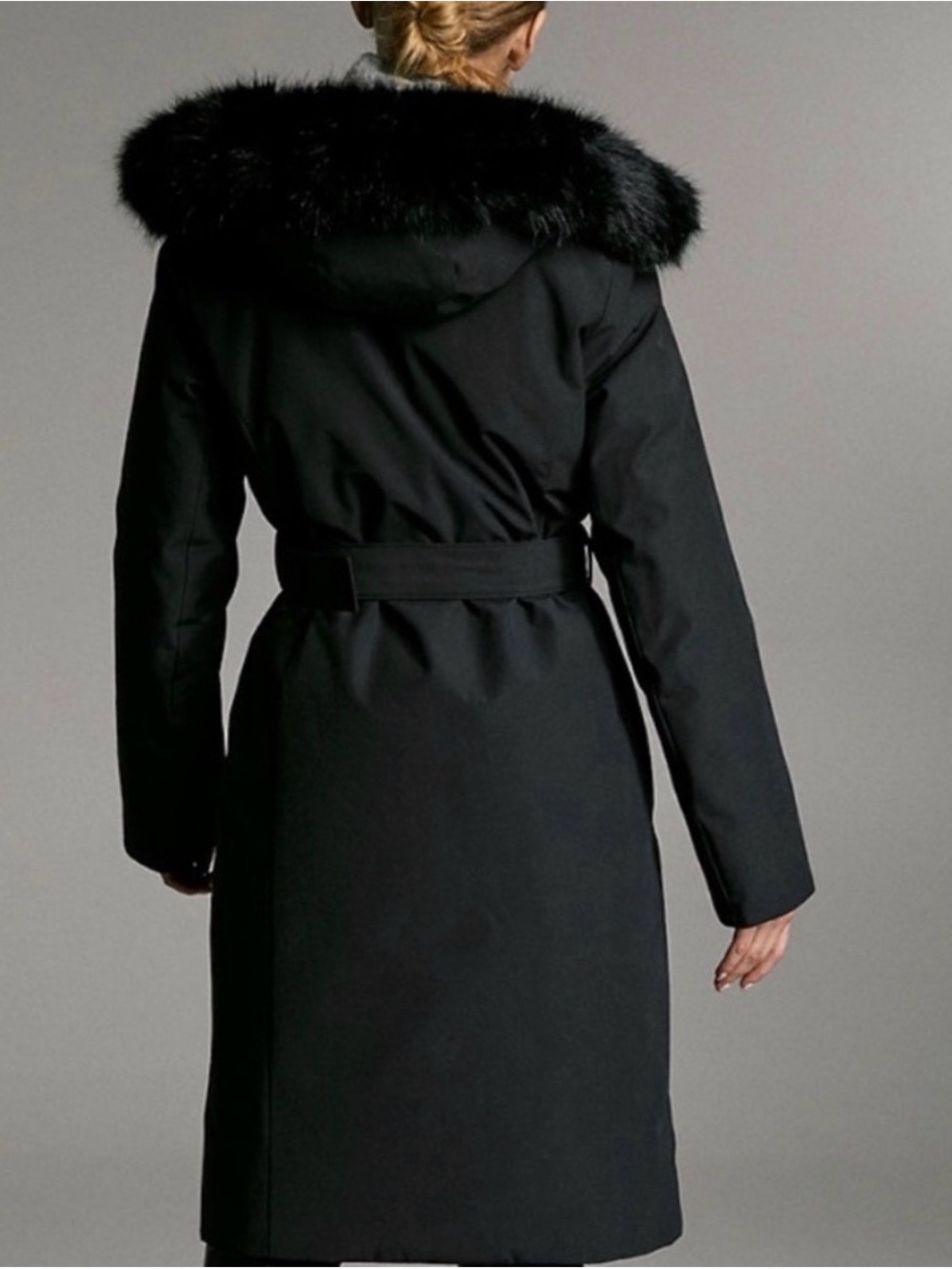 Aritzia Babaton Navy Hooded Belted Parka with Faux Fur Trim